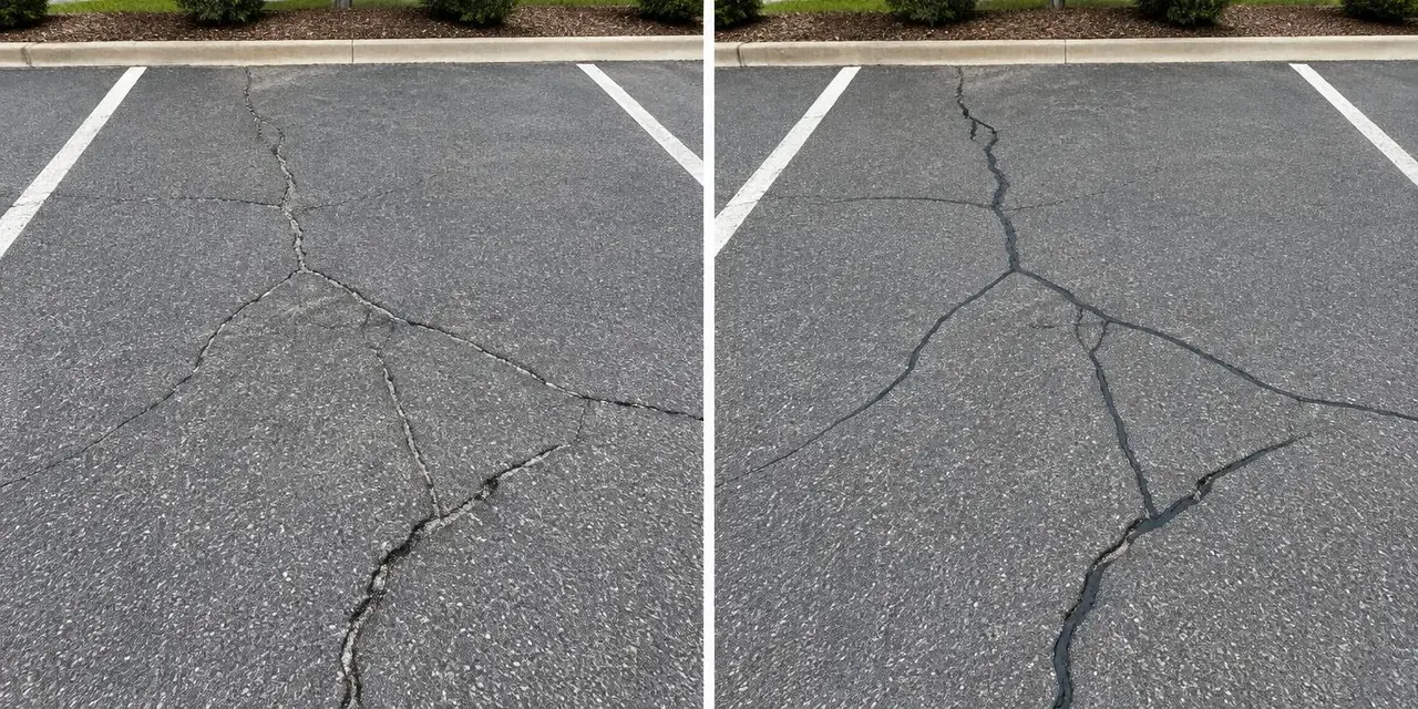 Before: Illustrative comparison of open asphalt cracks and filled sealed cracks