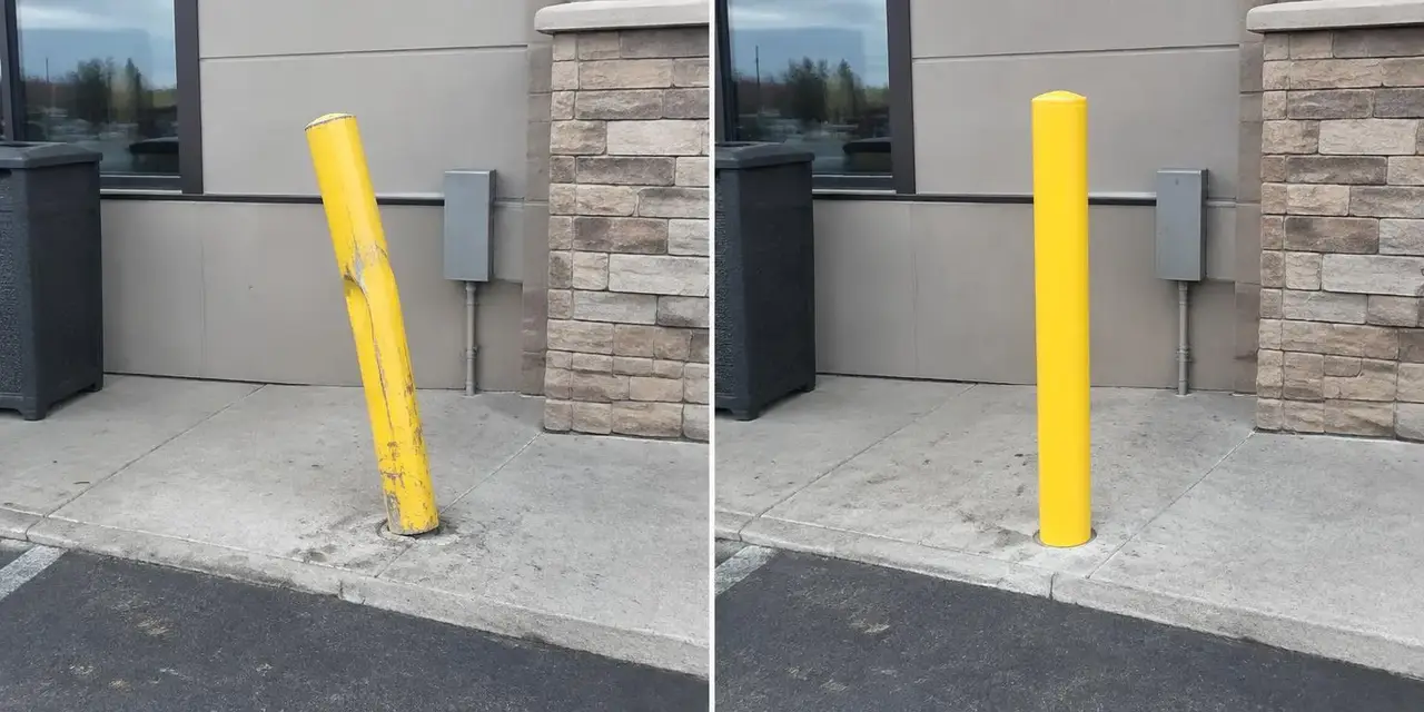 Before: Illustrative comparison of a damaged yellow bollard and a replacement bollard