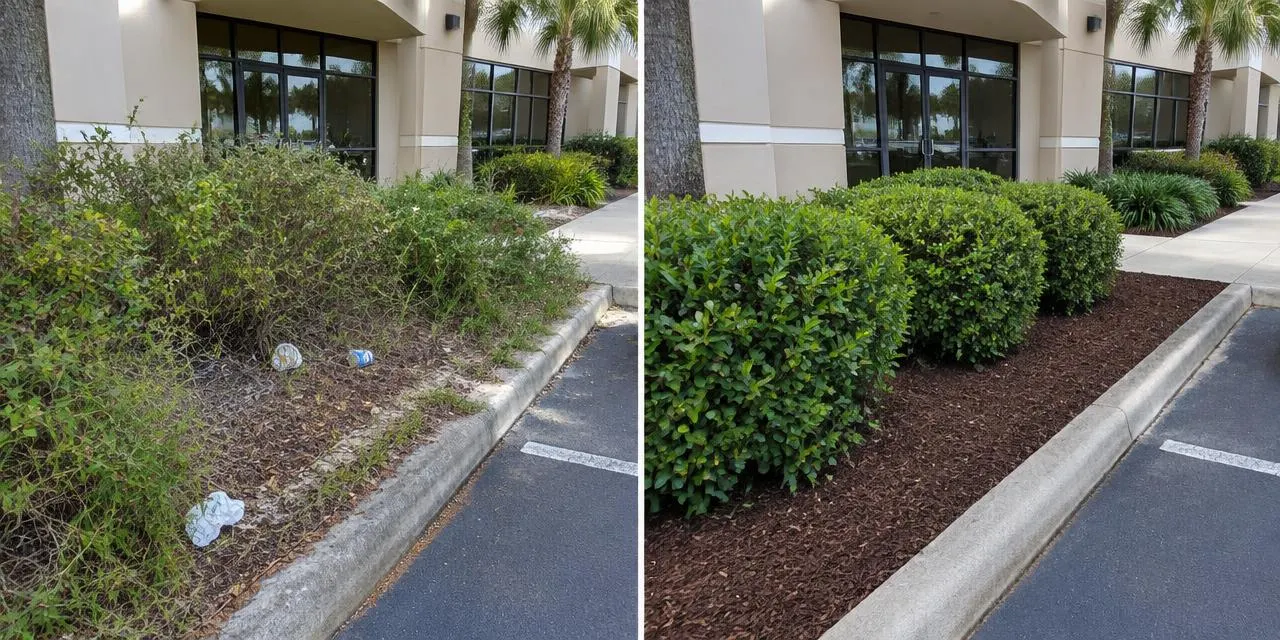 Before: Illustrative comparison of an overgrown commercial entrance bed and the same bed trimmed and mulched