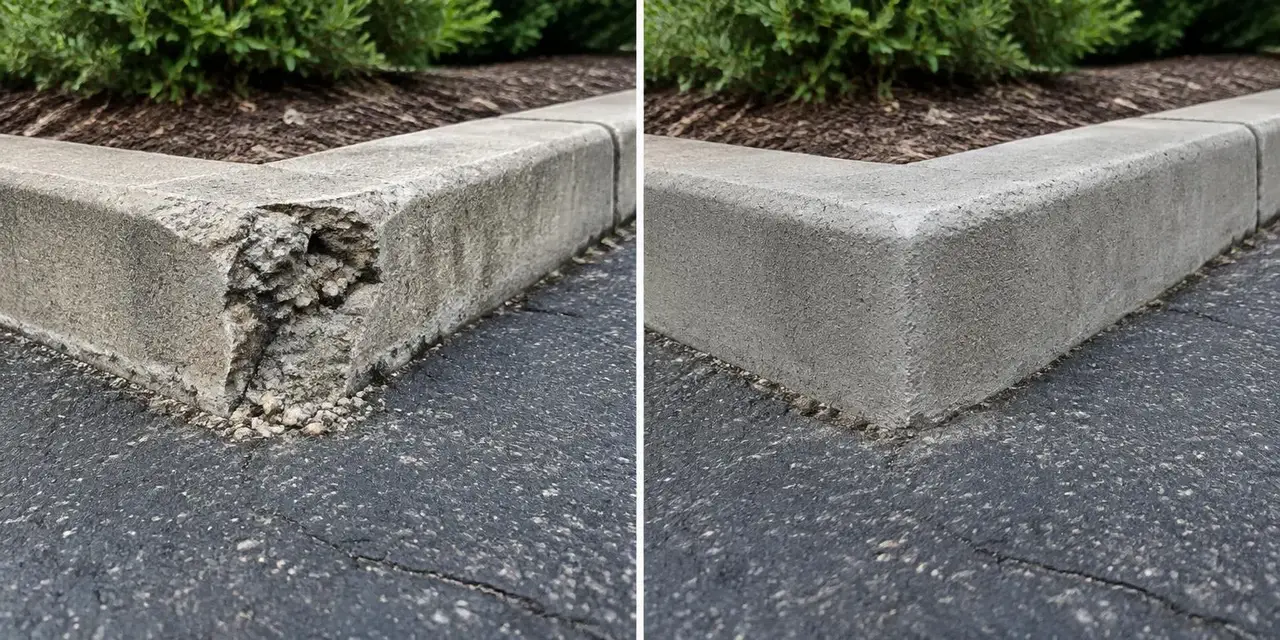 Before: Illustrative comparison of a chipped concrete curb and a repaired curb