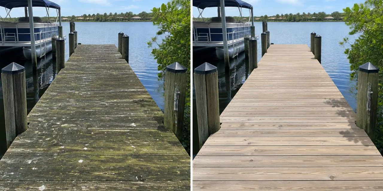 Before: Illustrative comparison of an algae-covered lake dock and the same dock cleaned