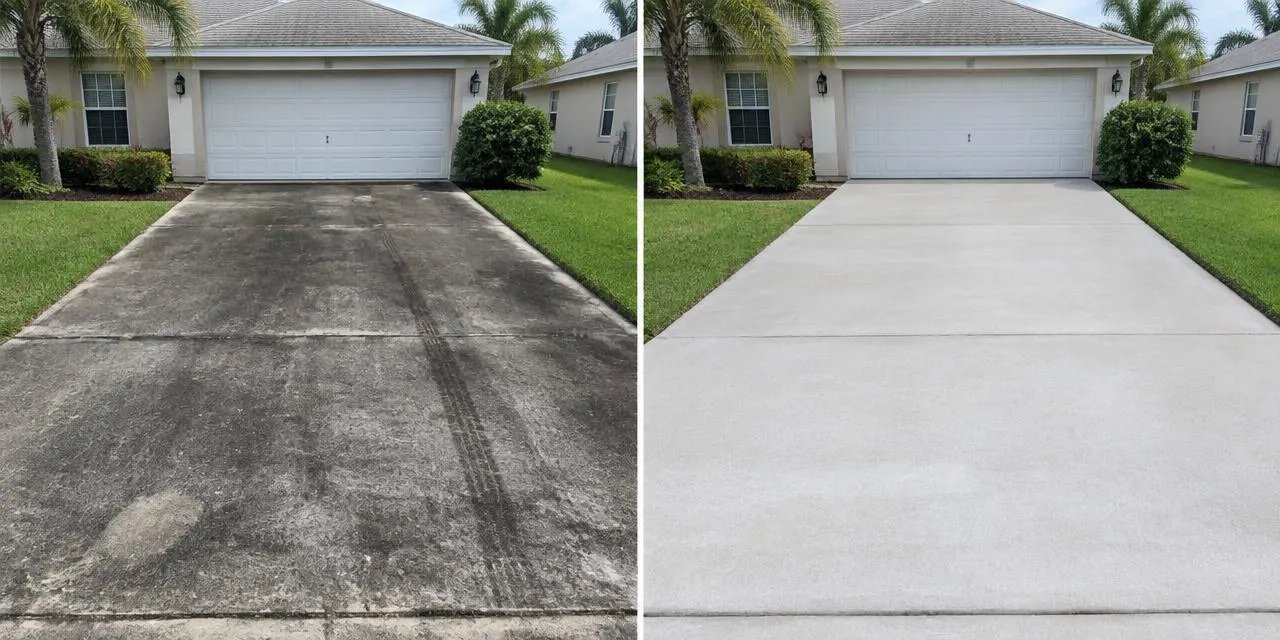 Before: Illustrative comparison of a dark, mildewed driveway and the same driveway pressure washed