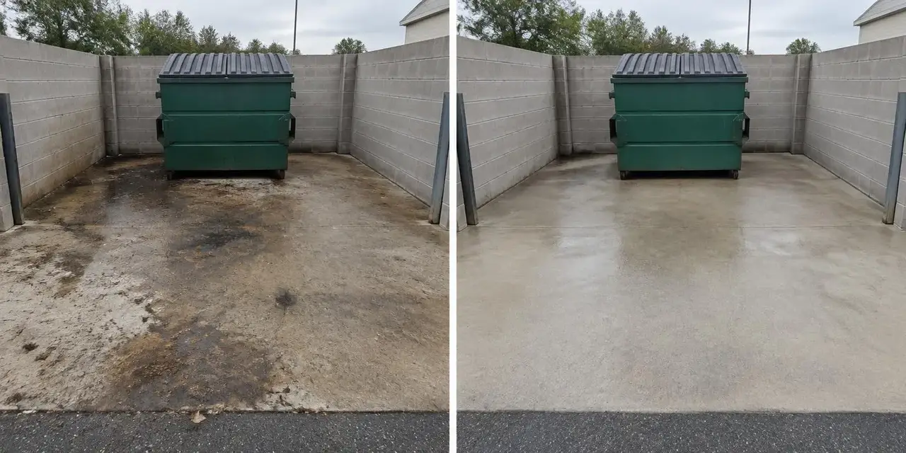 Before: Illustrative comparison of a dirty dumpster pad and a cleaned dumpster pad