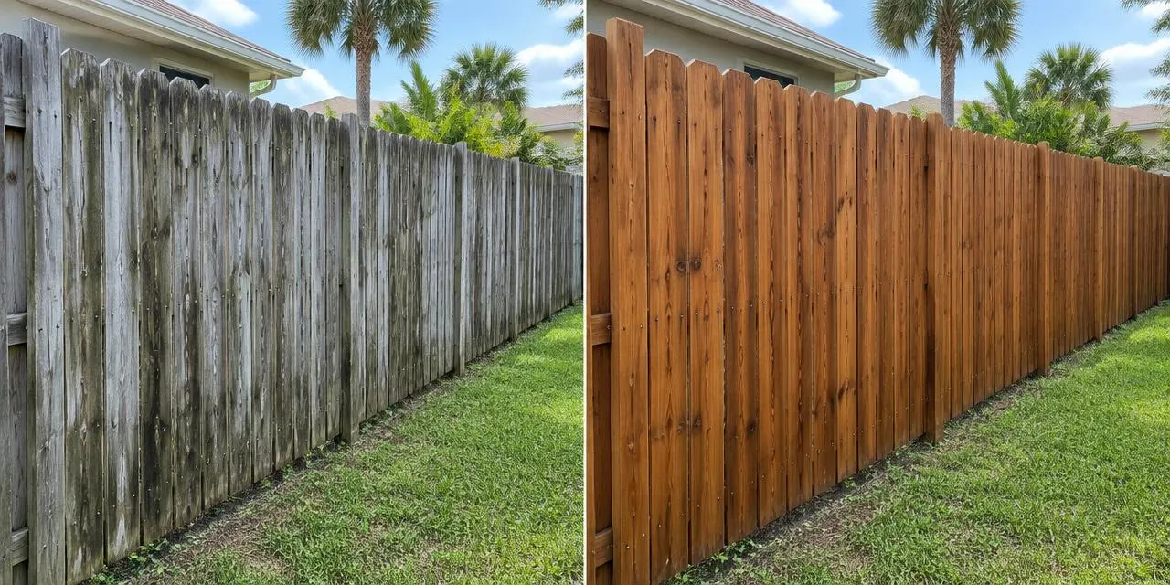 Before: Illustrative comparison of a weathered gray wood fence and the same fence cleaned and stained