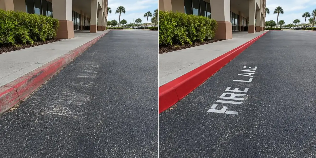 Before: Illustrative comparison of worn fire-lane markings and a repainted fire lane