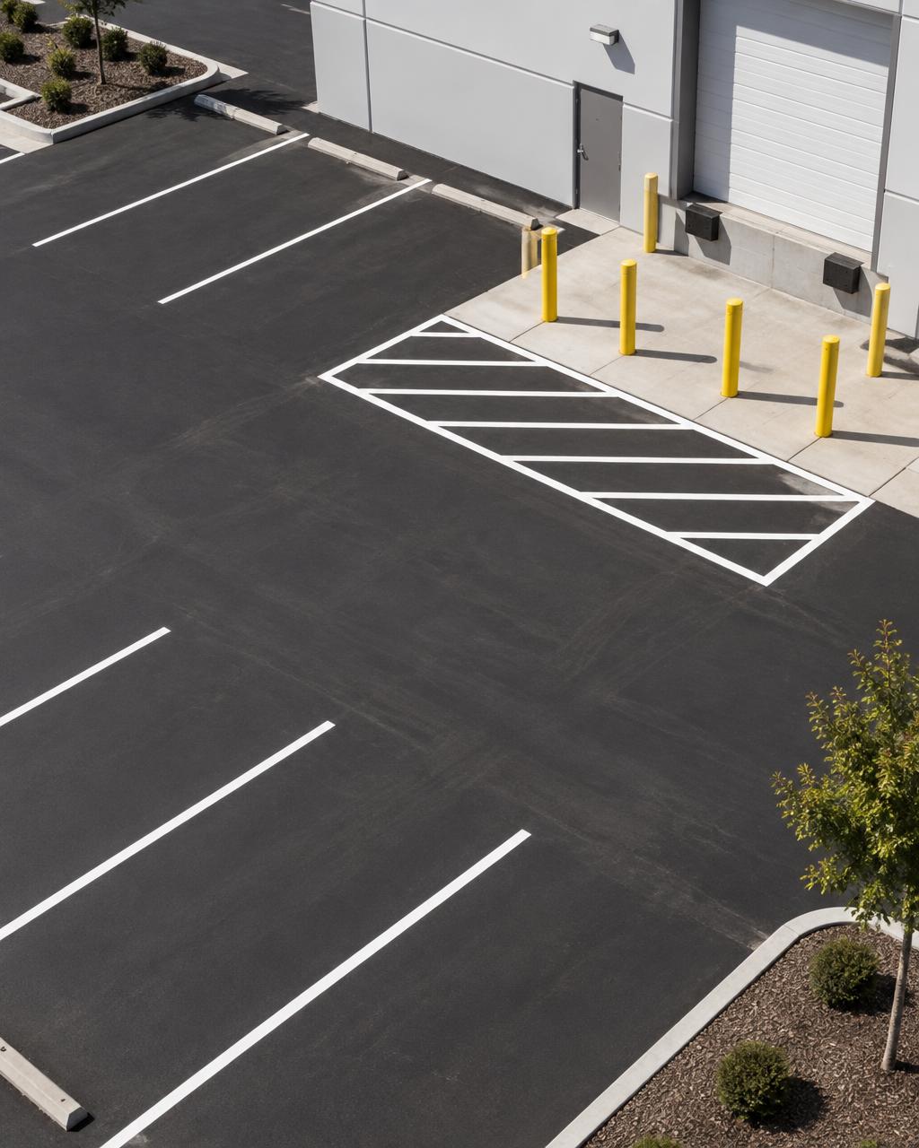 Commercial parking lot with fresh white striping, hatched markings, and steel bollards at a loading area