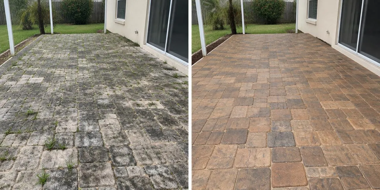 Before: Illustrative comparison of a faded, weedy paver patio and the same patio restored and sealed