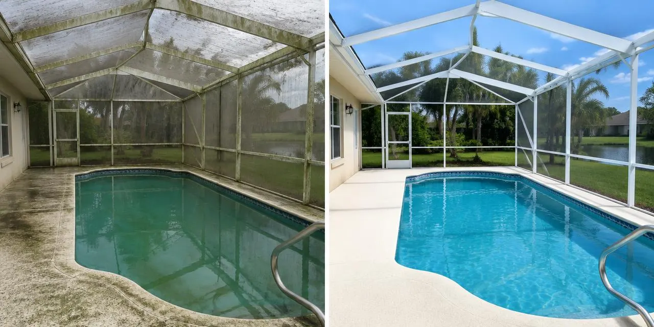 Before: Illustrative comparison of a stained pool cage and deck and the same enclosure cleaned