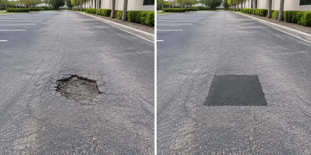 Before: Illustrative comparison of a parking lot pothole and a patched asphalt area
