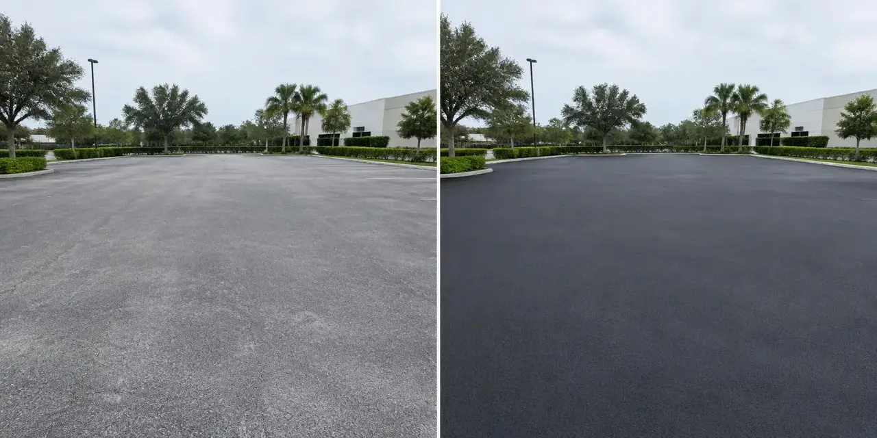 Before: Illustrative comparison of weathered gray asphalt and a sealcoated parking lot surface