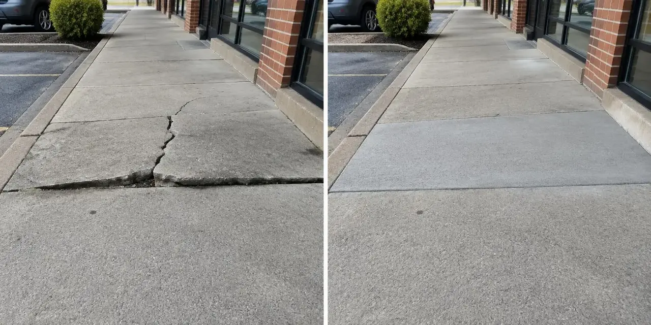 Before: Illustrative comparison of a damaged sidewalk section and a repaired sidewalk