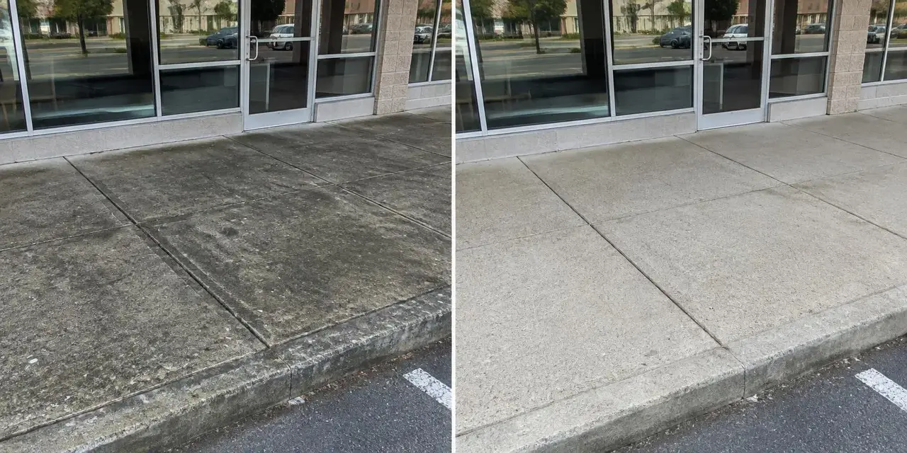 Before: Illustrative comparison of a dirty storefront sidewalk and a cleaned sidewalk