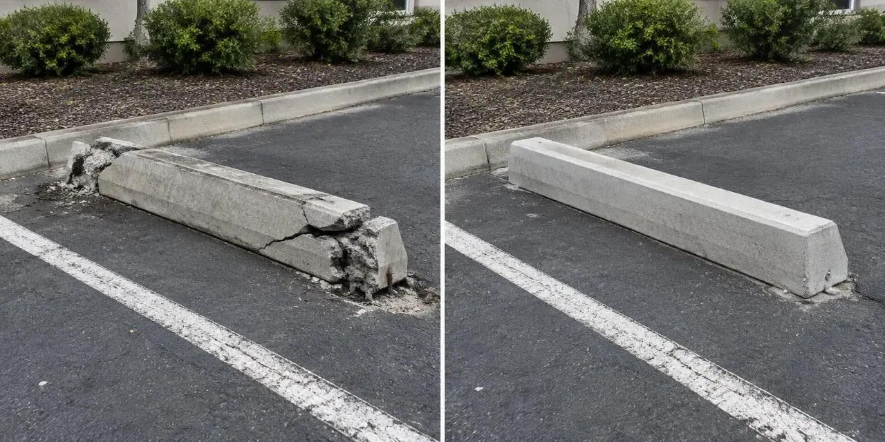 Before: Illustrative comparison of a broken concrete wheel stop and a replacement wheel stop